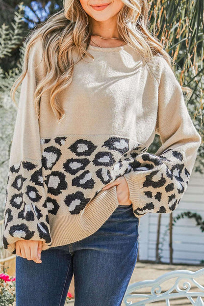 Khaki Leopard Patchwork Knitted Puff Sleeve Sweater - L & M Kee, LLC