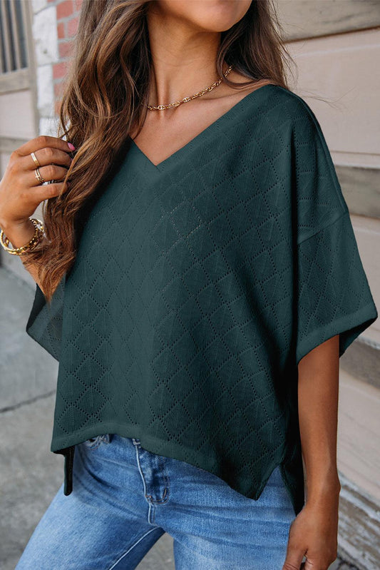 Blackish Green V Neck Knitted Flowy Blouse - L & M Kee, LLC