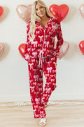 Red Sweet Bow Print Shirt Style Top Long 2pcs Pajama Set