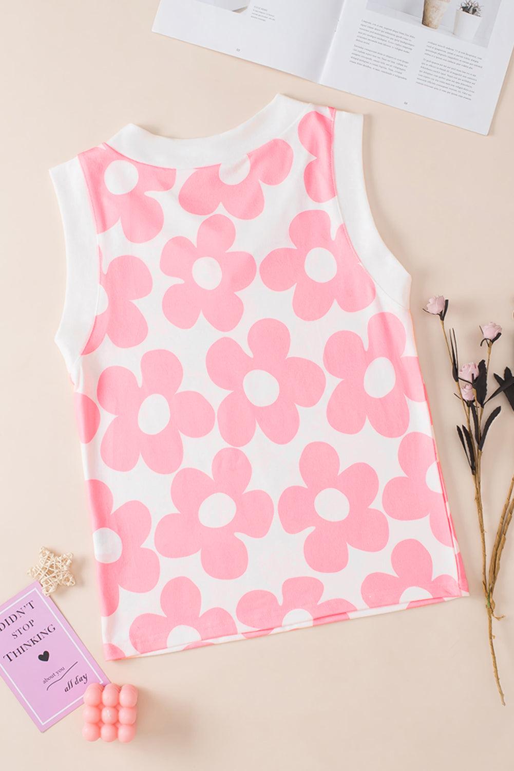 Pink Cute Flower Knitted V Neck Tank Top - L & M Kee, LLC