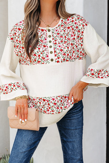 Red Floral Print Gauze Patchwork Henley Button 3/4 Sleeve Blouse