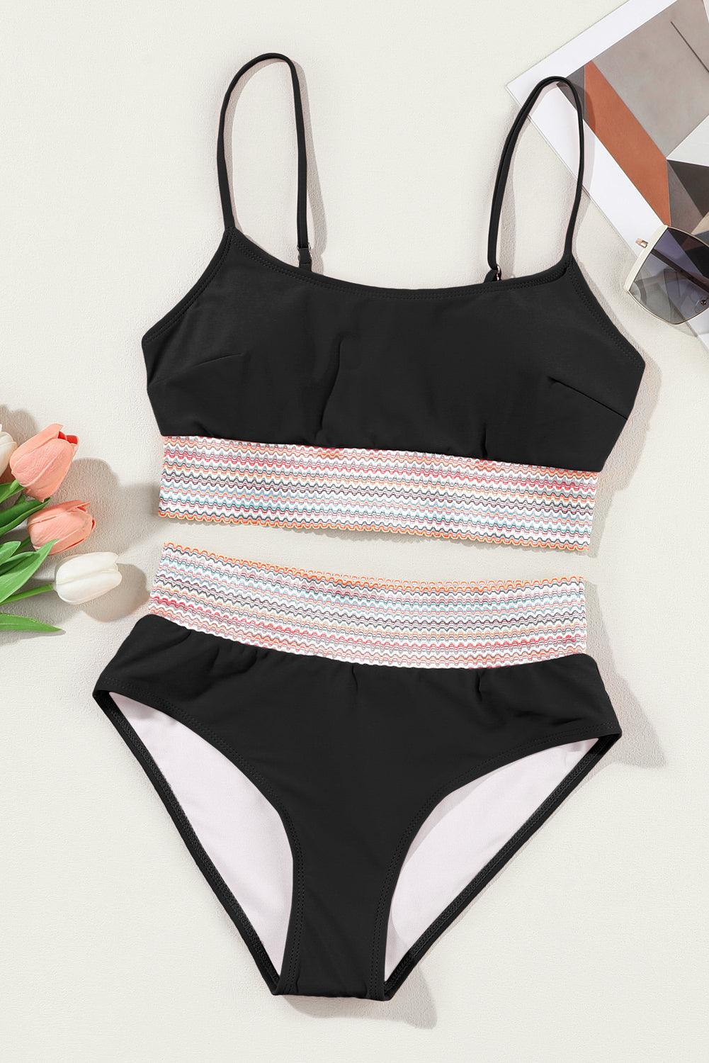 Black Striped Patchwork Spaghetti Strap High Waist Bikini Swimsuit - L & M Kee, LLC