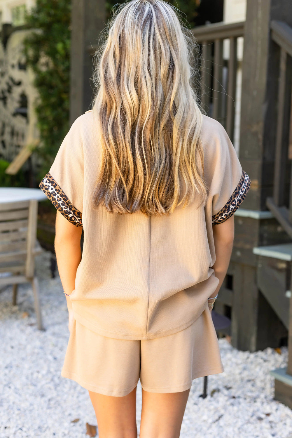 Parchment Leopard Trim Zipped Short Sleeve Casual Set