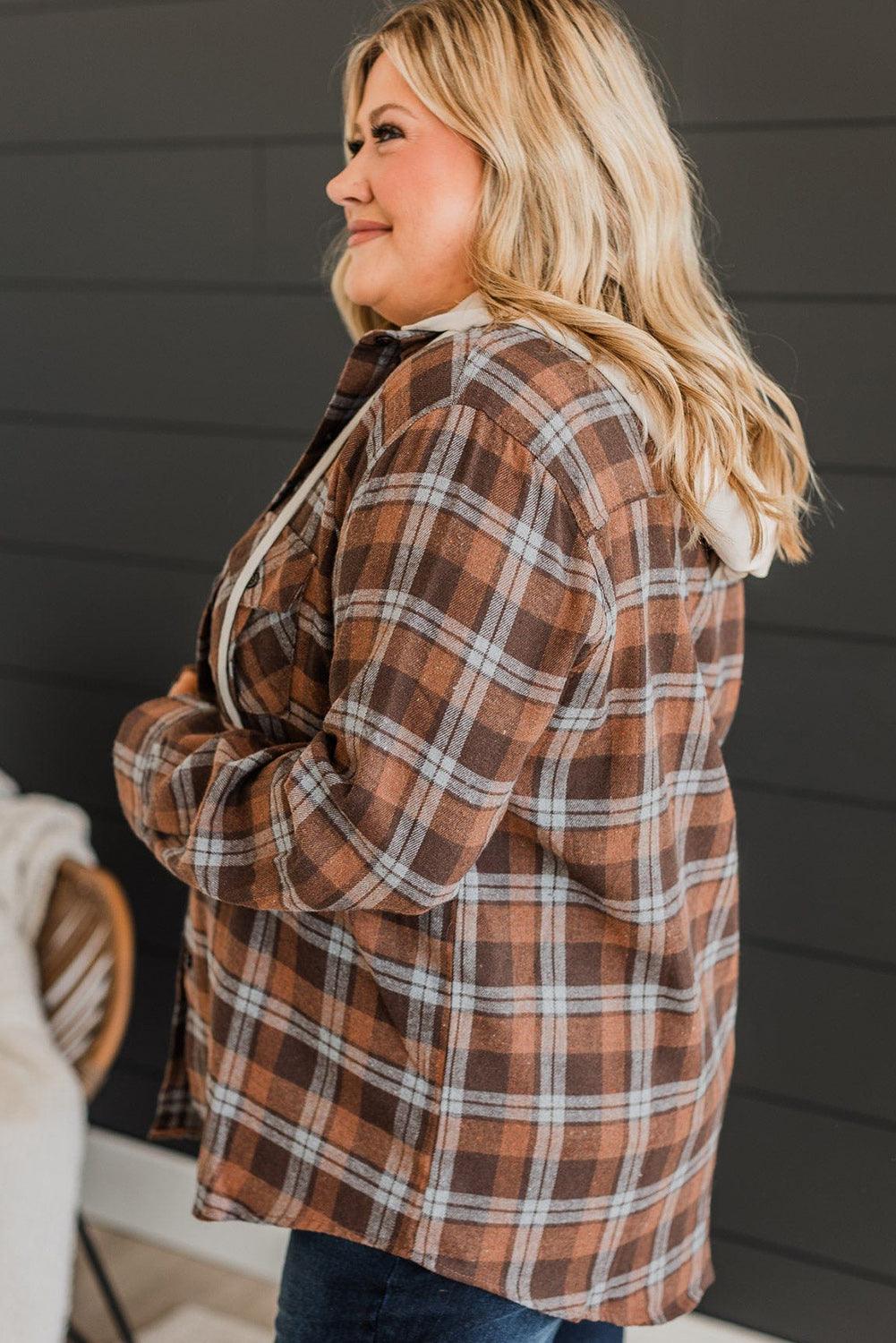 Brown Plus Size Plaid Contrast Button up Hooded Jacket - L & M Kee, LLC