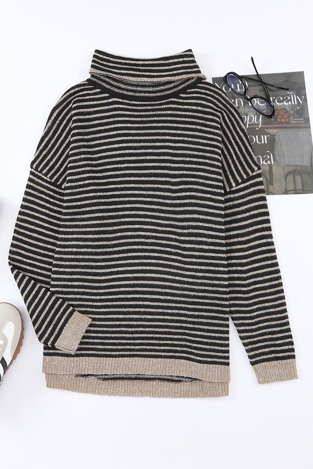 Black Striped Turtleneck Loose Sweater - L & M Kee, LLC