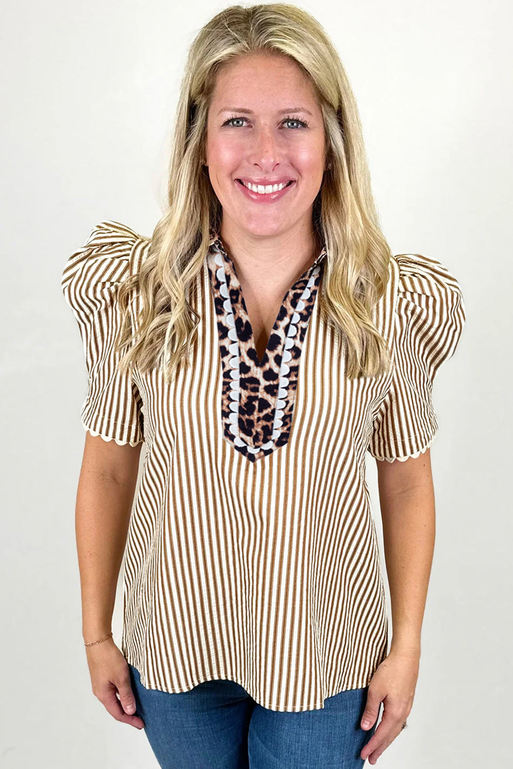 Brown Stripe Ricrac Trim Short Puff Sleeve Leopard Patchwork Collar V Neck Blouse