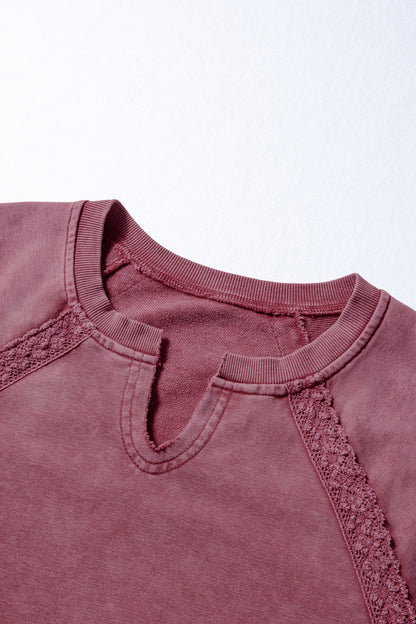 Sail Blue Lace Patchwork Detail Notched Neck Mineral Wash Baggy Sweatshirt