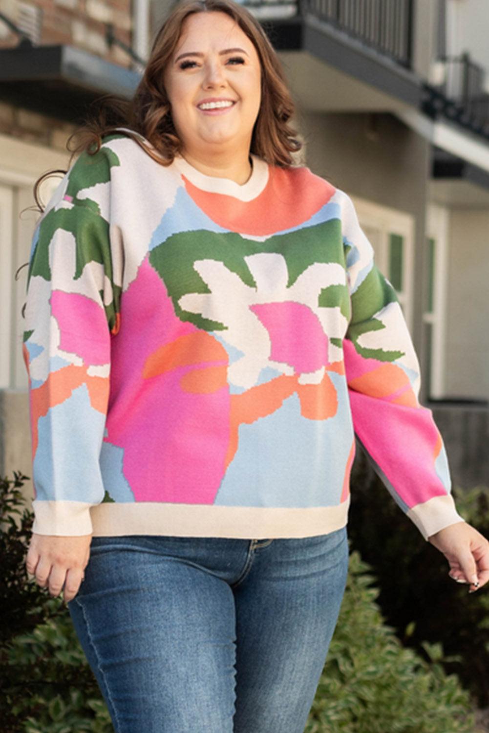 Multicolour Plus Size Floral Drop Shoulder Sweater - L & M Kee, LLC