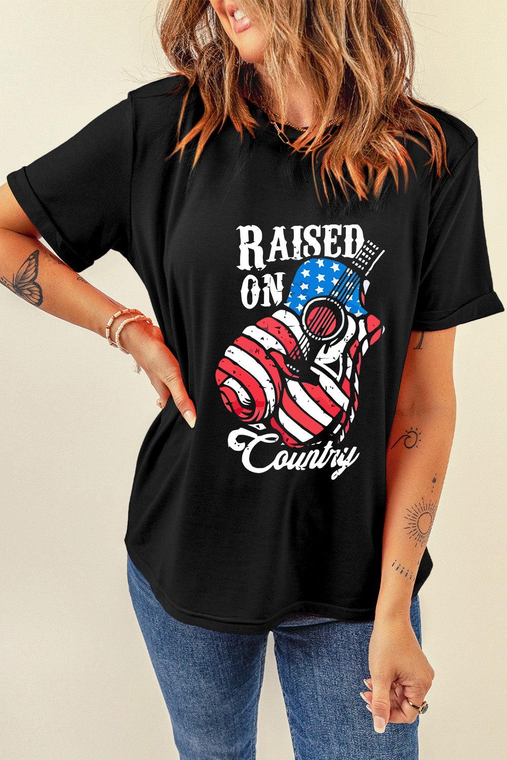 Black Raised On Country USA Flag Guitar Graphic Tee - L & M Kee, LLC