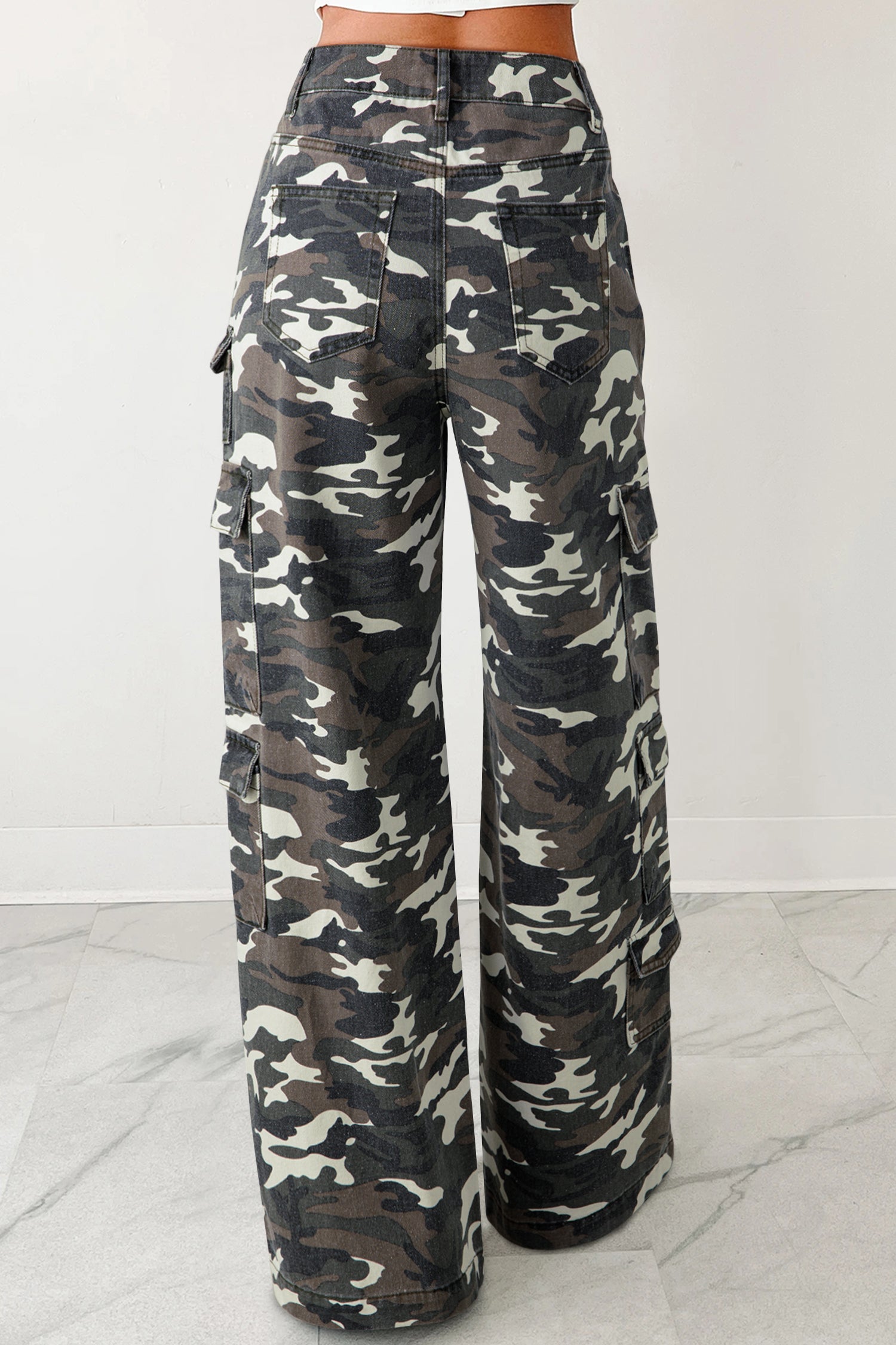 Green Camo Denim Cargo Wide Leg Pants