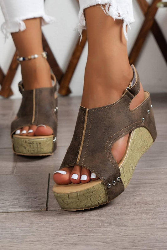 Chestnut Suede Patched Studded Cut Out Wedge Sandals - L & M Kee, LLC