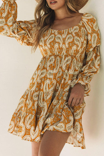 Boho Paisley Long Sleeve Floral Dress - L & M Kee, LLC