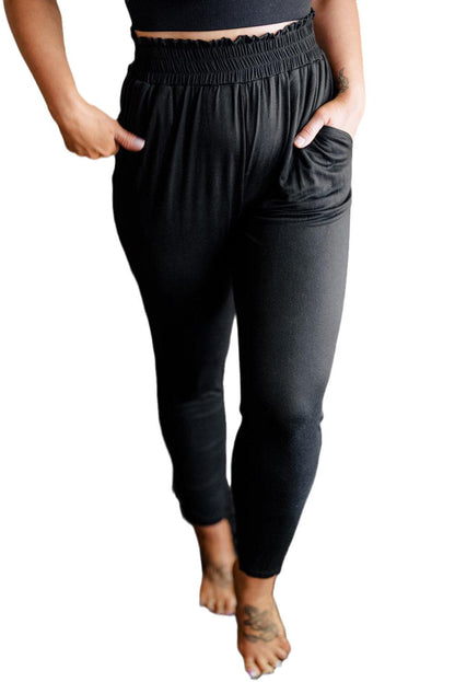 Black Plus Size Frill High Wasit Pocketed Soft Pants - L & M Kee, LLC