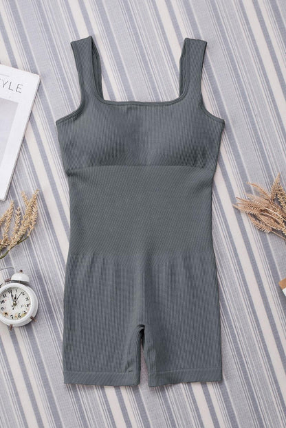 Gray Ribbed Square Neck Padded Sports Romper - L & M Kee, LLC