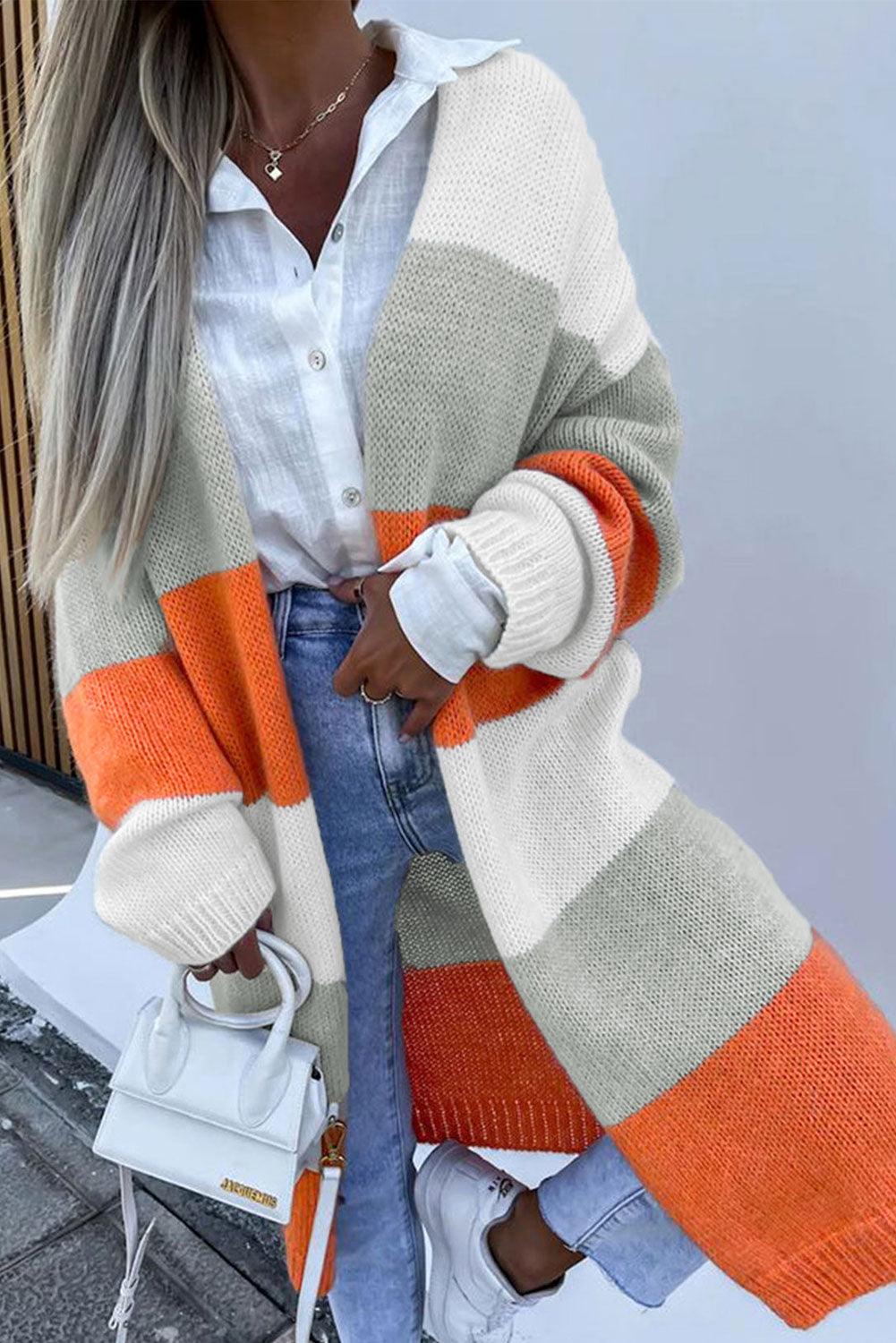 Orange Striped Color Block Drop Shoulder Midi Cardigan - L & M Kee, LLC