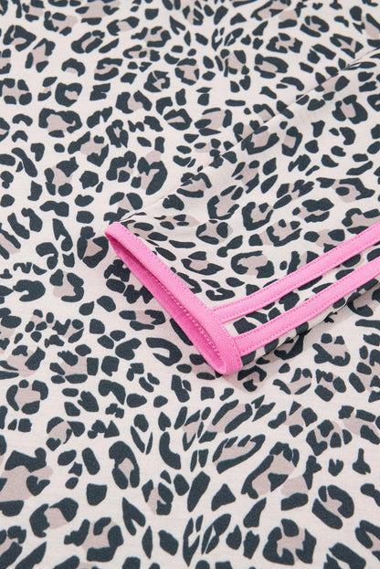 Khaki Leopard Print Contrast V Neck Varsity Stripe Detail Long Sleeve Top