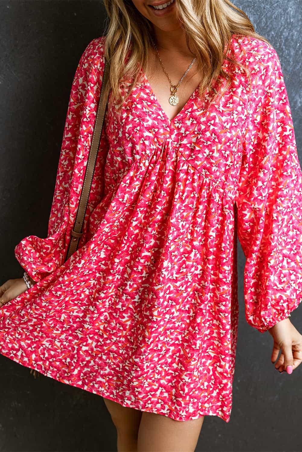 Floral Print Empire Waist Bubble Sleeve Dress - L & M Kee, LLC