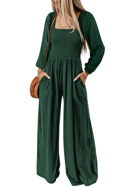 Green Smocked Square Neck Long Sleeve Wide Leg Jumpsuit - L & M Kee, LLC