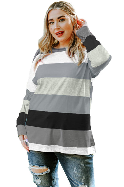 Gray Stripe Plus Size Colorblock Pullover Top - L & M Kee, LLC