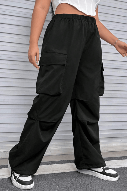 Black Plus Size Flap Pocket Elastic Waist Cargo Pants - L & M Kee, LLC