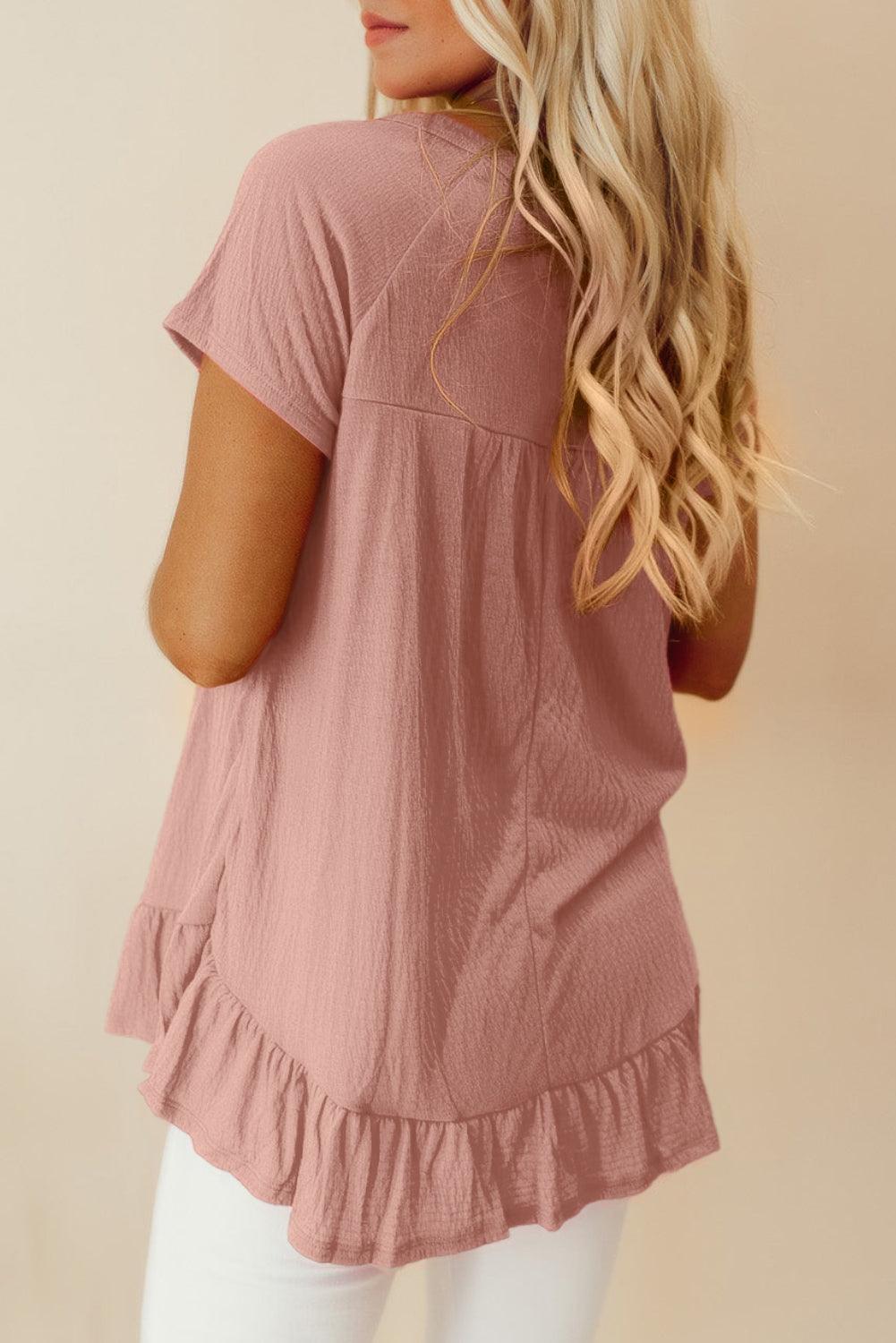 Pink Solid Short Sleeve Ruffle Hem Top - L & M Kee, LLC