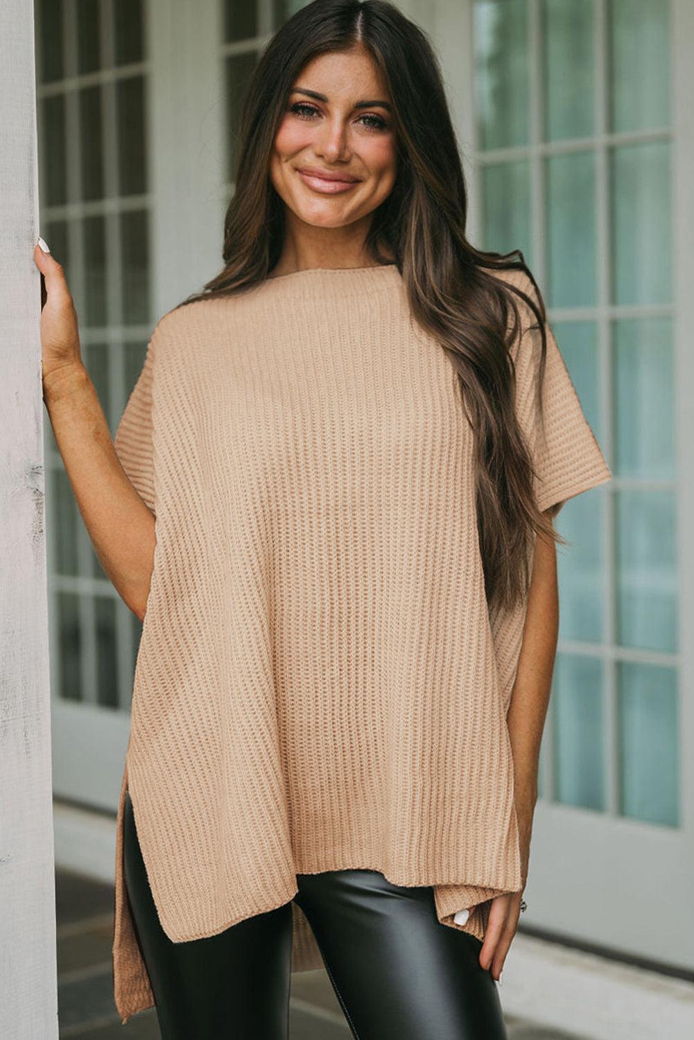 Rose Red Short Sleeve Side Slit Oversized Sweater - L & M Kee, LLC