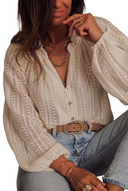 White Plus Size Lace Hollow Out V-Neck Button Up Shirt - L & M Kee, LLC