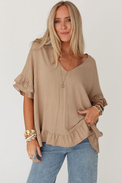 Light French Beige Loose Ruffled V Neck Blouse - L & M Kee, LLC