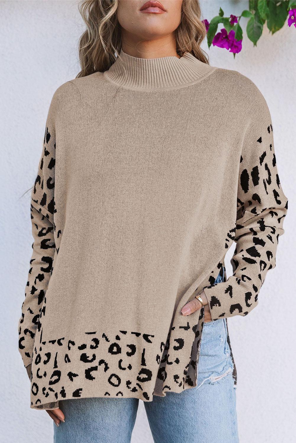 Khaki Leopard High Neck Side Slit Oversized Sweater - L & M Kee, LLC