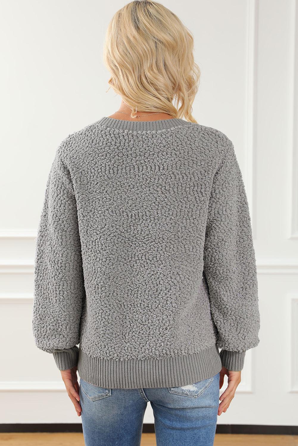 Gray Double Pockets Ribbed Trim Popcorn Knit Sweater - L & M Kee, LLC