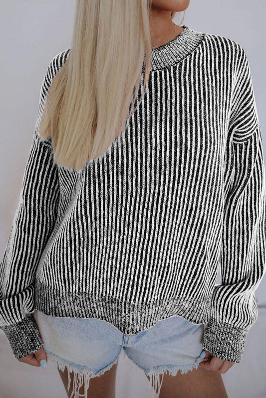 Black Striped Print Ribbed Trim Round Neck Sweater - L & M Kee, LLC