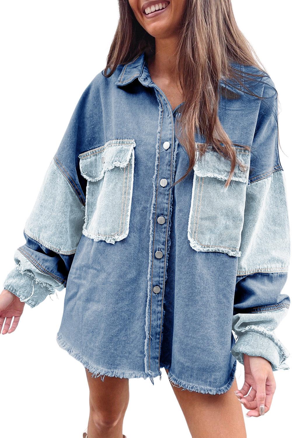 Blue Color Block Frayed Patchwork Oversize Denim Jacket - L & M Kee, LLC