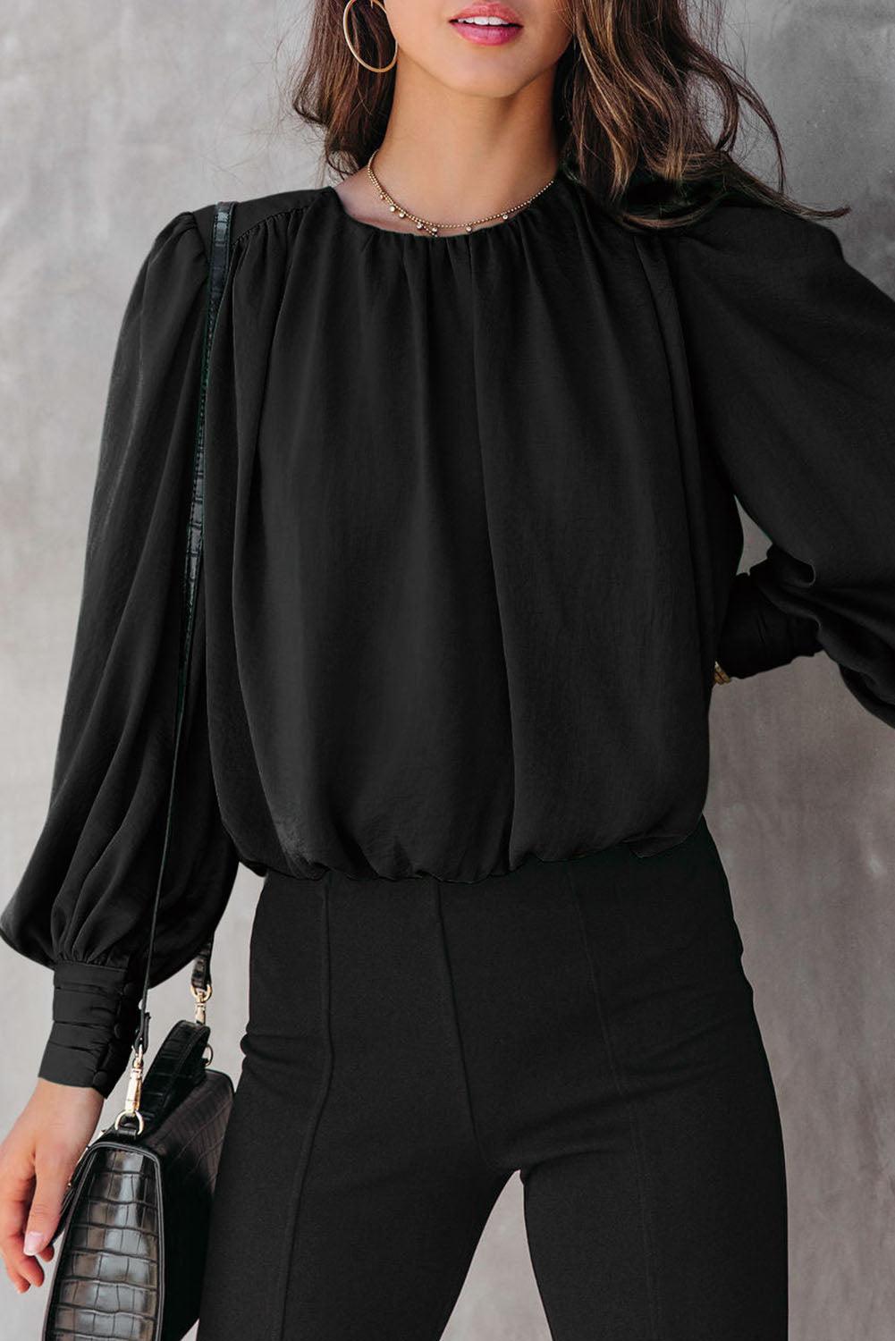 Black Padded Shoulder Buttoned Cuffs Pleated Loose Blouse - L & M Kee, LLC