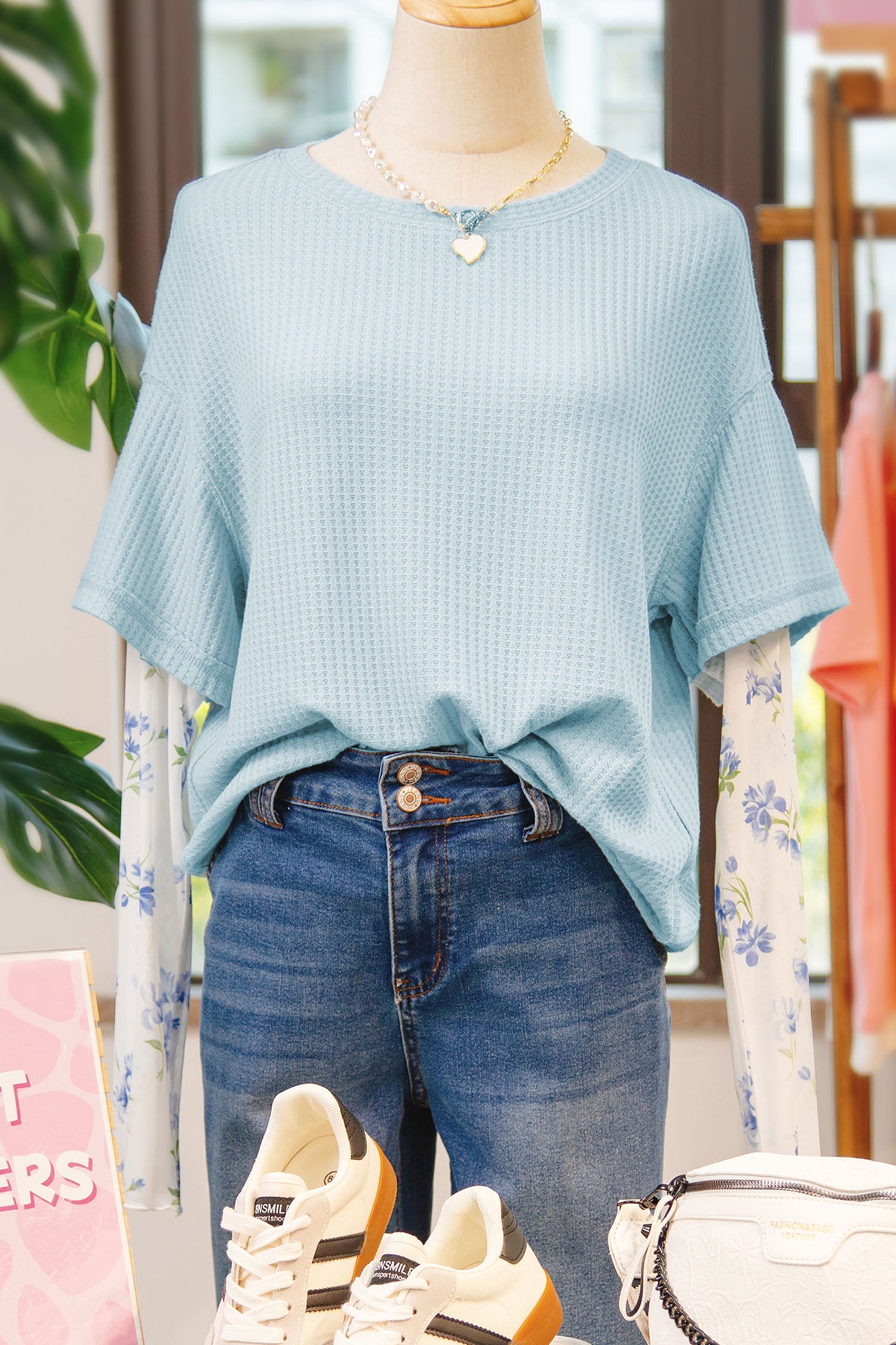 Beau Blue Floral Lace Sleeve Patchwork Waffle Fake Two-piece Top