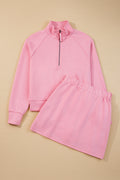Pink Half Zip Sporty Pullover Mini Skirt 2pcs Outfit
