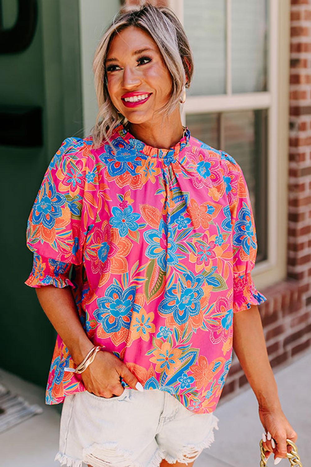 Rose Frilly Mock Neck Short Puff Sleeve Floral Blouse - L & M Kee, LLC