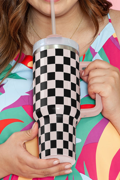 Black Checkered Print Handle Large Vacuum Cup 40OZ