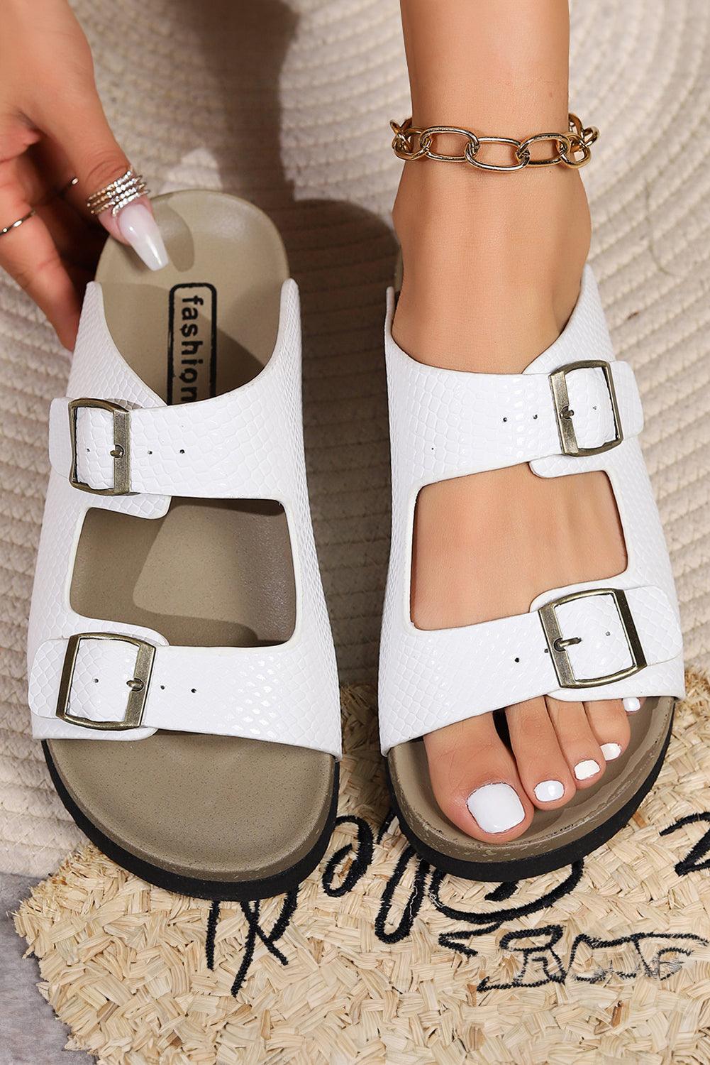 White Suede Textured Buckle Straps Beach Slippers