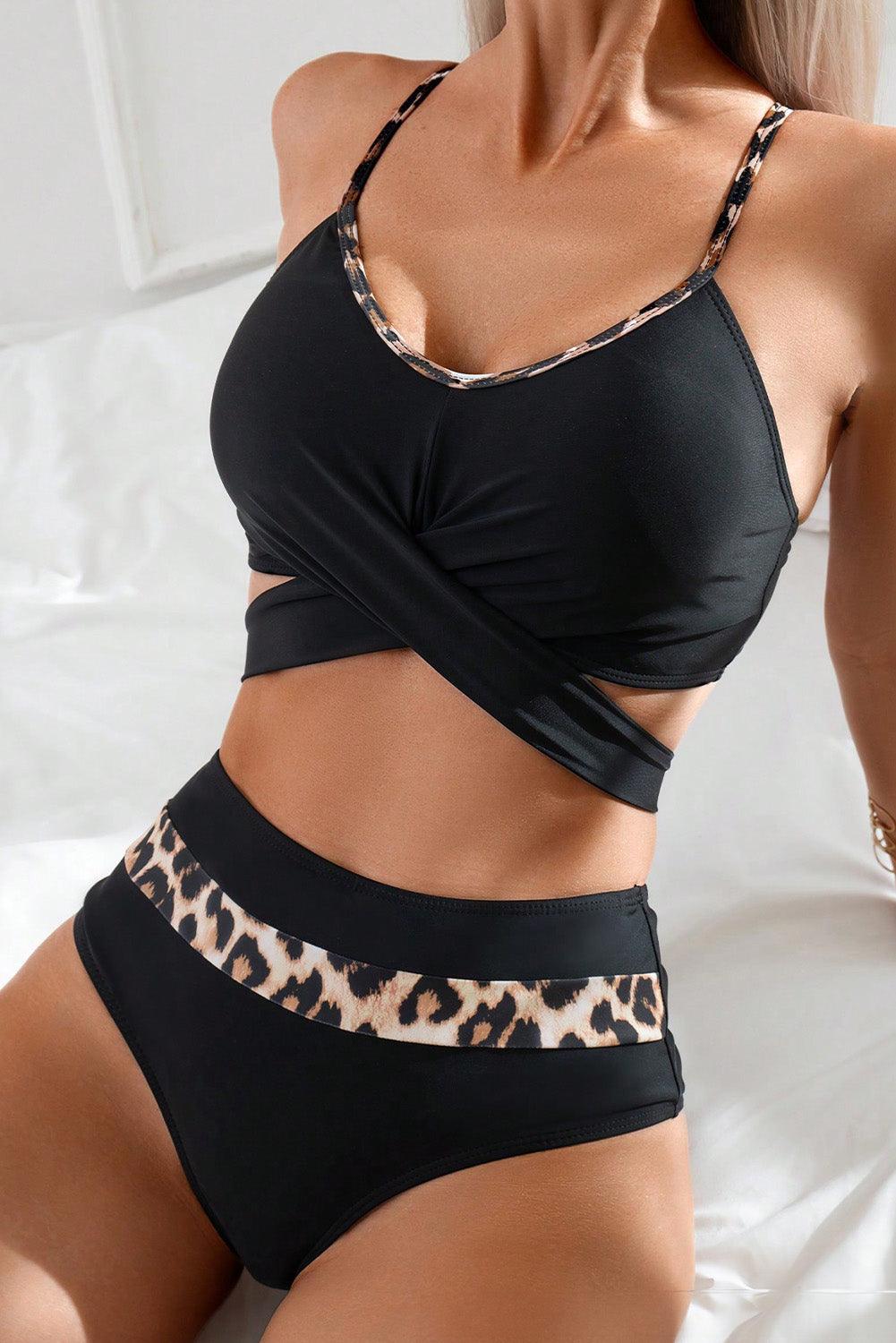 Black Leopard Splicing Criss Cross Tie Spaghetti Straps High Waisted Bikini - L & M Kee, LLC