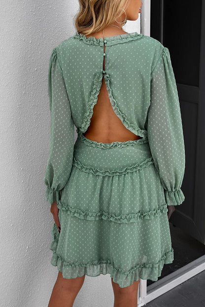 Green Layered Ruffled Open Back Puff Sleeve Swiss Dot Mini Dress - L & M Kee, LLC