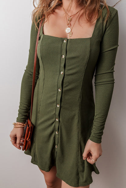 Guacamole Green Rib Knit Square Neck Buttoned Long Sleeve Mini Dress