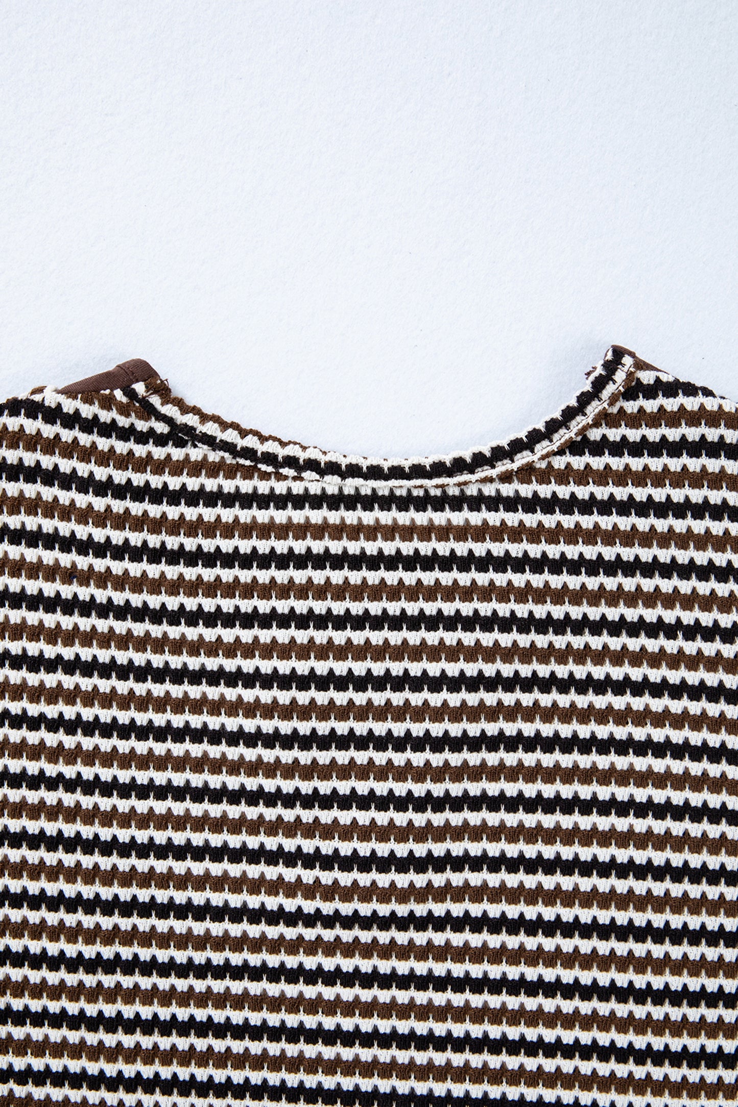 Brown Faux Two Piece Textured Striped Round Neck Long Sleeve T Shirt