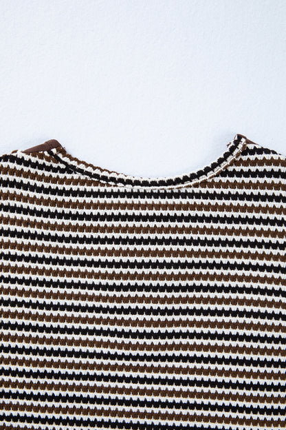 Brown Faux Two Piece Textured Striped Round Neck Long Sleeve T Shirt