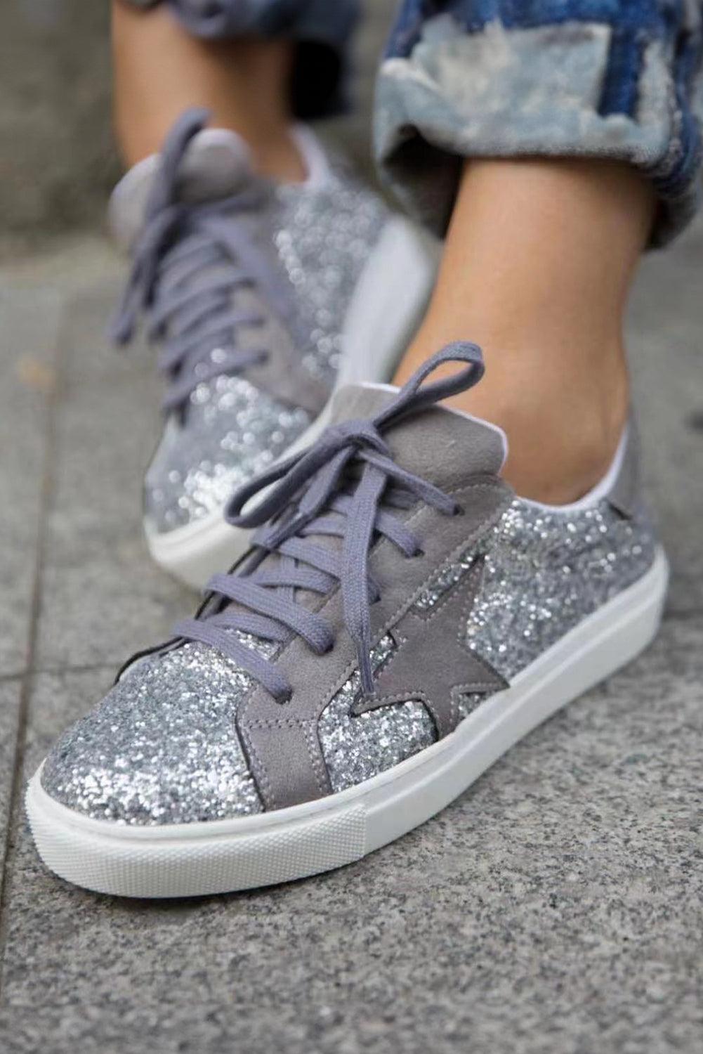 Gray Star Patch Sequin Lace up Shoes - L & M Kee, LLC