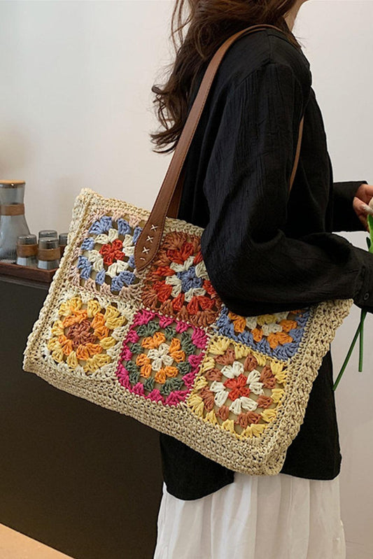 Beige Floral Crochet Large Square Tote Bag - L & M Kee, LLC