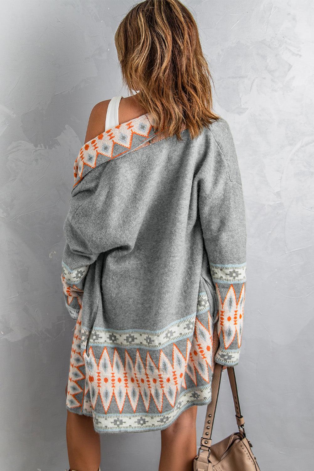 Gray Aztec Print Open Front Knitted Cardigan - L & M Kee, LLC