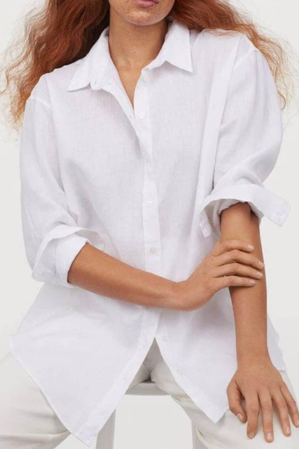 White Plus Size Linen Textured Button Up Shirt - L & M Kee, LLC