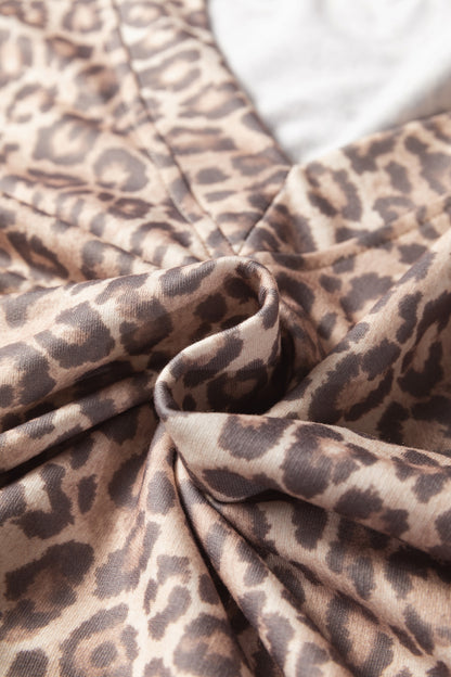 Light French Beige Leopard Print V Neck Pullover Mini Skirt 2pcs Set