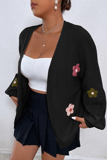 Black Floral Applique Drop Shoulder Bubble Sleeve Cardigan - L & M Kee, LLC