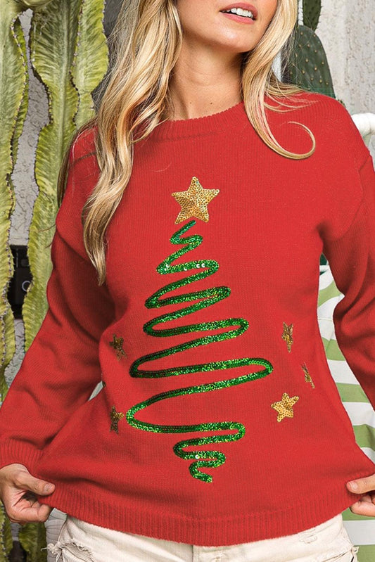 Fiery Red Sequined Christmas Tree Sketch Drop Shoulder Sweater - L & M Kee, LLC